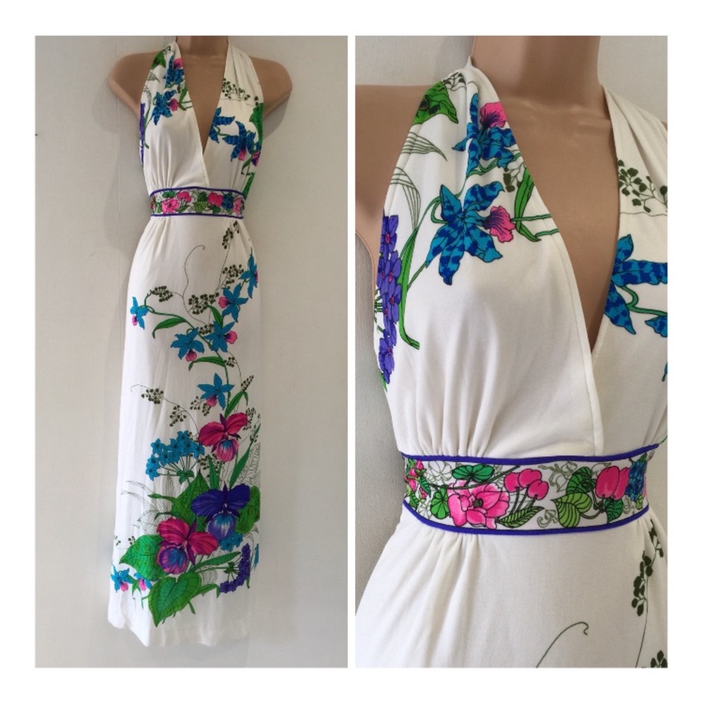 1970s Tropical Vintage Halter Dress